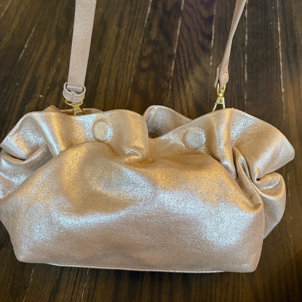 Anthropologie Metallic Gold Ruched Pleated Dumpling Crossbody Bag